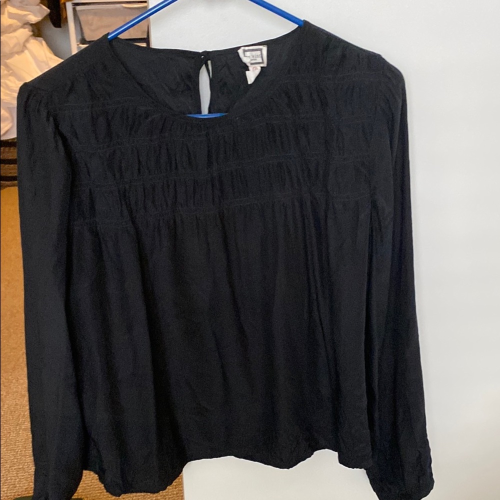 Black Smocked Blouse with Long Sleeves